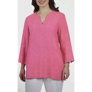 Lands' End Women's Linen Split Neck Tunic Top Pink Size XXL Pockets 3/4 Sleeve